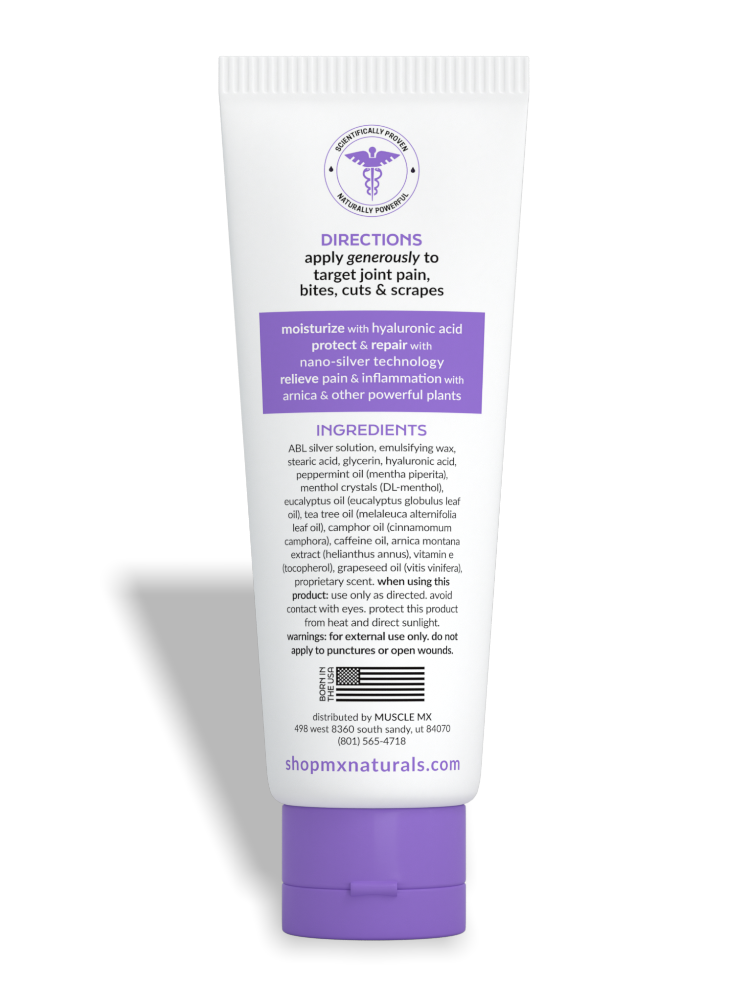 the back label of a white and purple restore targeted pain relief balm on a white background. product use directions, drug facts, ingredients, warnings, and distribution information is on the screen.