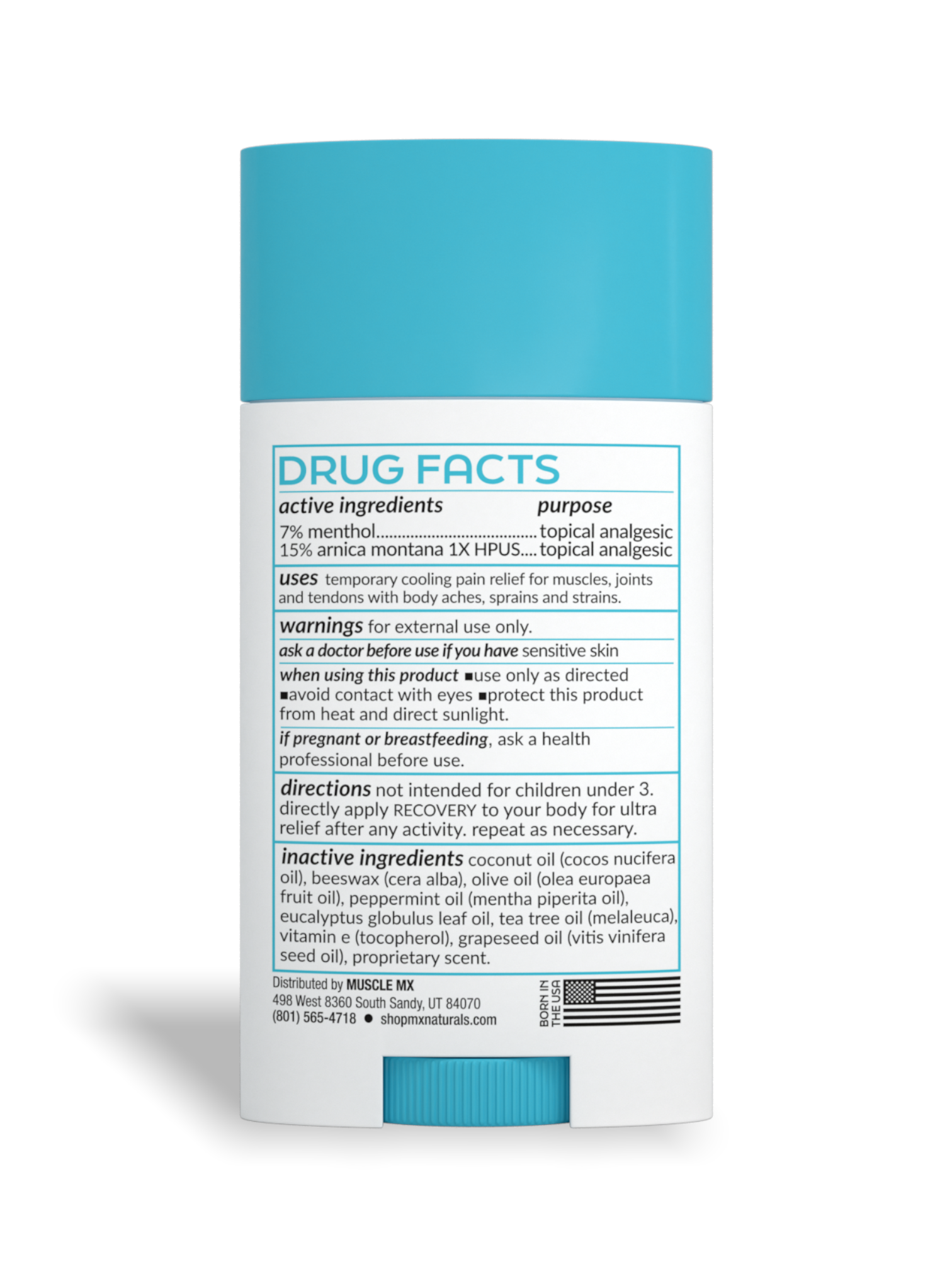 the back label of a white and blue recovery cooling pain relief balm on a white background. drug facts, ingredients, warnings, and distribution information is on the screen.